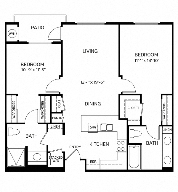 Floor plan for 2 beds, 2 baths, 1049 sqft